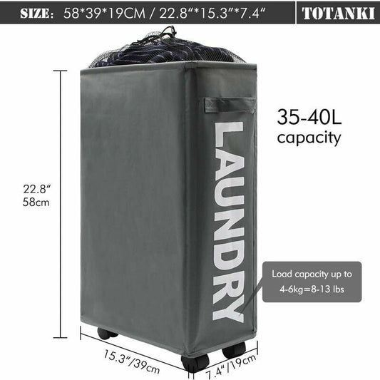 22"" Narrow Rolling Laundry Hamper with Handle and Wheels, Collapsible Laundry Hamper, Foldable Laundry Sorter and Organizer, Large Storage Basket (Gray)