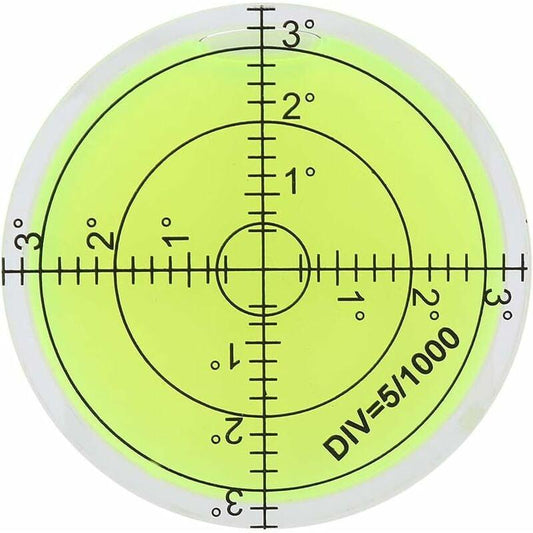 Round spirit level, 60mm diameter measuring tool, round vial with scale for balancing camera equipment.