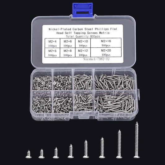 800pcs Small M2 Self Tapping Screws Assortment Box, Countersunk Phillips Flat Head Wood Screws (M2-4mm 5mm 6mm 8mm 10mm 12mm 16mm 20mm).