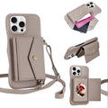 Horizontal Card Pocket Phone Case in Litchi Texture with Long Cord Grey Grey For iPhone 14 Pro.