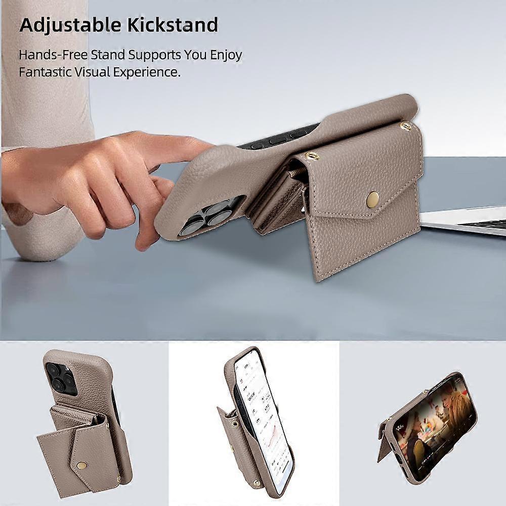 Horizontal Card Pocket Phone Case in Litchi Texture with Long Cord Grey Grey For iPhone 14 Pro.