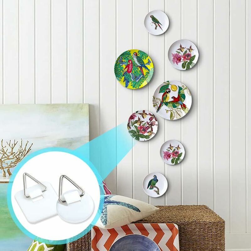 50-Pack 1"" Invisible Adhesive Hangers, Self-Adhesive Vertical Wall Plaque Hangers, Wall Plaques for Plates, Pictures, Decorative Art (White)