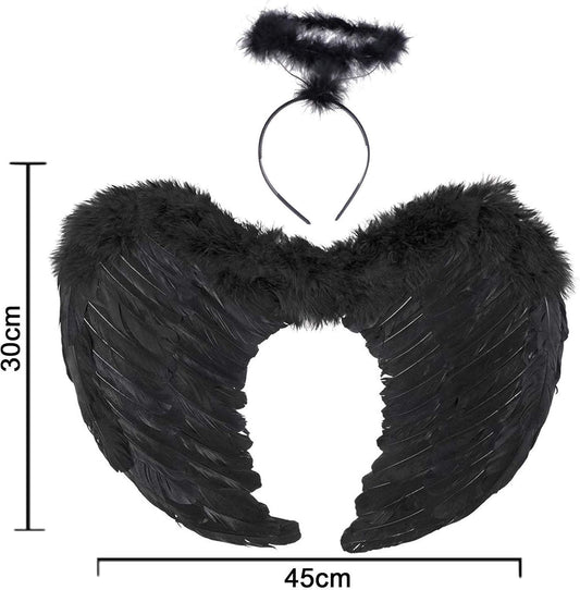 Angel Wings, Black, Angel Costume for Women, with Halo and Black Wings, for Girls, Feather Wings Fallen Angel Wings - Black-45 cm