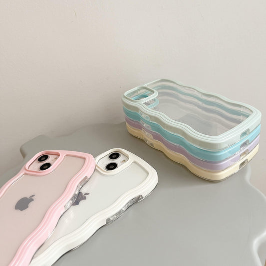 Transparent Cute Curly Simple Wavy Case, Aesthetic Design Bumper, Soft TPU for iPhone 14 Pro Max-White.