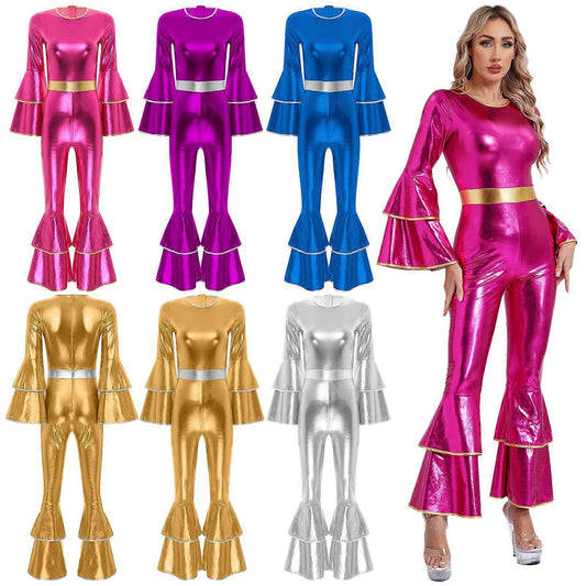 Women's Vintage 70s Disco Shiny Jumpsuit Bell Bottom Hippie Romper Cheerleading Uniform Halloween Cosplay Theme Party Costume royal blue_yux royal blue M