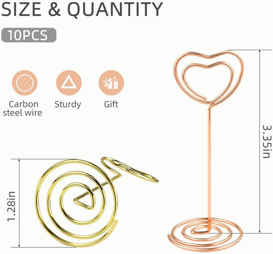 10 Pcs Heart Shaped Table Number Stand and Place Card Holder - Mini Wire Picture Photo Clips for Centerpieces, Wedding Party, Memo, Menu Stands (Gold + Rose Gold)