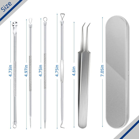 Blackhead Remover Tool Pimple Popper Kit 5 Pack Extractor Tools with Case Comedone Zit Acne Blemish Whitehead Removal Professional Stainless Steel for Face Nose