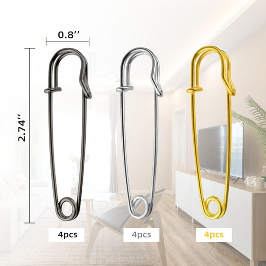 12 Pack Extra Large Safety Pins Blanket Pin Heavy Duty Bulk for Blankets Crafts Kilts Skirts Clothes Leather Canvas Silver Black Gold Metal Assorted Colors Spring Lock Fasteners