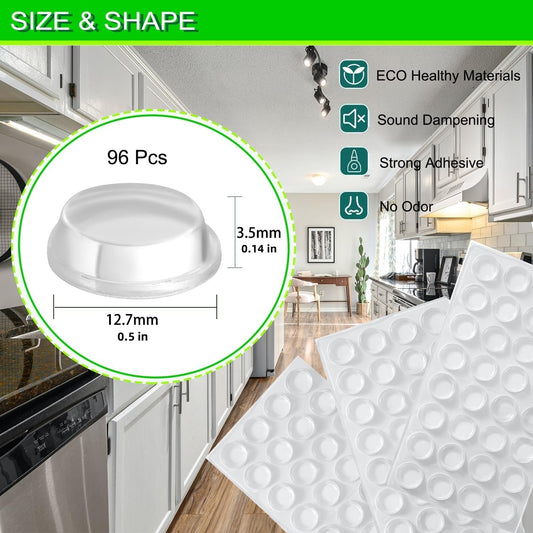 Cabinet Bumpers Soft Self-Adhesive Clear Rubber Bumper- Cabinet Door pumpers dots Clear Cabinet stoppers Furniture Noise Reducing Silicone Rubber Bumper Extremely Durable(96Pcs)