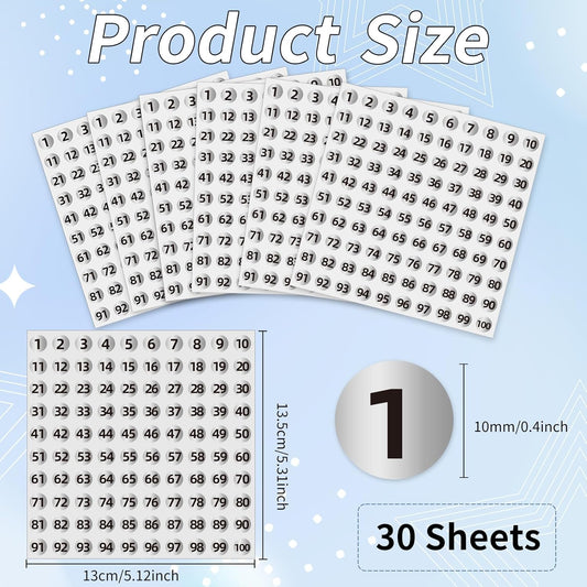Silver Consecutive Number Stickers 1 to 100, 0.4 inch Round Small Number Stickers Labels for Inventory, Storage, Organizing, Boxes, Bins, Toolbox, Locker (3000 Labels, Matte)