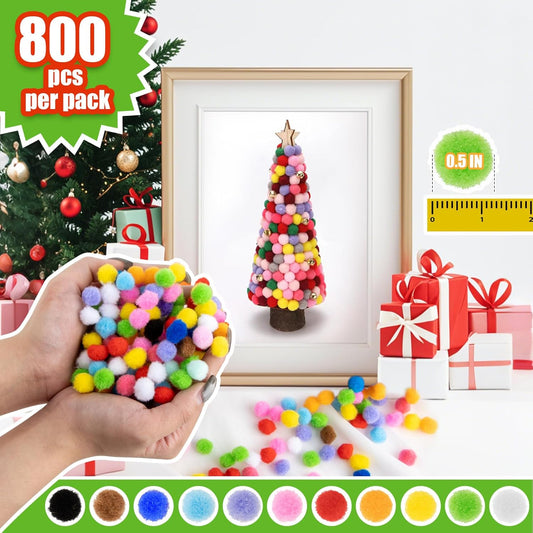 800 Pcs Small Pom Poms for Crafts - Craft Pompoms Balls,pompones para llaveros,Assorted Bright Color Bulk Arts and Making Hobby Supplies,Holiday Party,Christmas Decor,1/2 Inch
