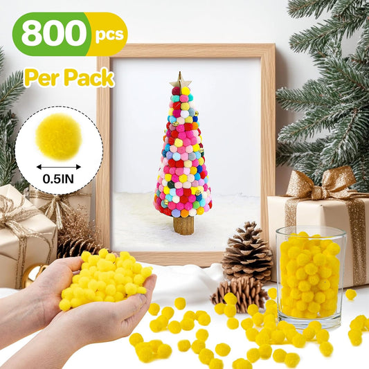 Bright Yellow Pom Poms - 800pcs Soft Fluffy Balls pompones para llaveros for DIY Projects,Crafts,Party Decor, Scrapbooking & Home Decorations 1/2 Inch