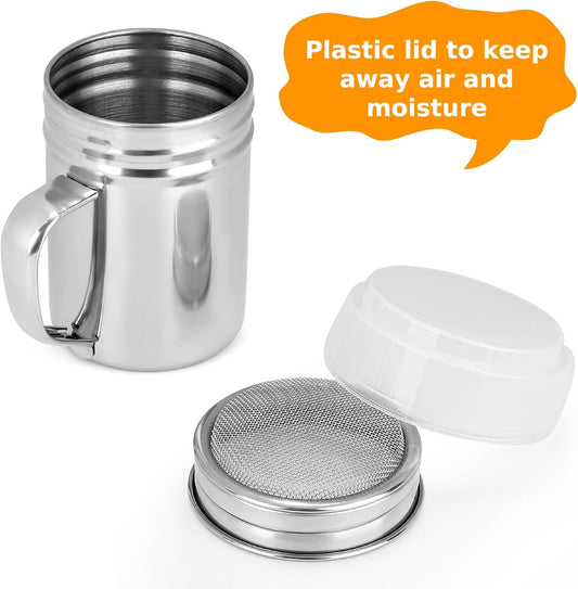 1 Pack Powdered Sugar Shaker Duster with Handle, Cinnamon Shaker Flour Sifter, Fine Mesh Stainless Steel Dredge for Baking Soda Flour Cinnamon Cocoa, 7oz