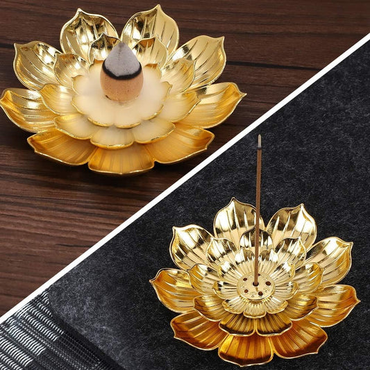 Zinc Alloy Incense Holder, Lotus Stick Incense Burner, Incense Holder for Stick/Coil/Cone Incense with Ash Catcher, Gold.
