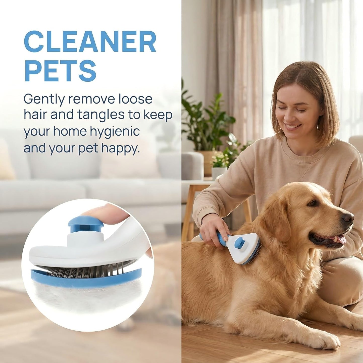 Dog Cat Shedding Brush, Self Cleaning Deshedding Tool for Undercoat, Grooming Rake for Long Short Hair Pets, Skin Friendly Fur Remover