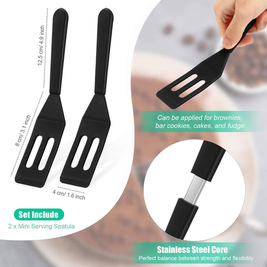 Mini Brownie Serving Spatula Flexible Nonstick Silicone Serve Turner Heat-Resistant Cookie Slotted Spatula for Flip Egg in Small Frying Pan Cookie Batter Lemon Squares(Black,2 Pieces)