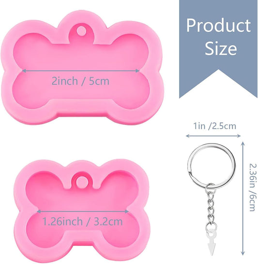 6 Pcs Silicone Dog Tags Mold 2.5'' 2'' Resin Keychain Molds Dog Bone Tag Keychain with 10 Pcs Key Ring Kit Pink Epoxy Clay Mold for DIY Pet Tag Pendant Homemade Crafts Resin Casting
