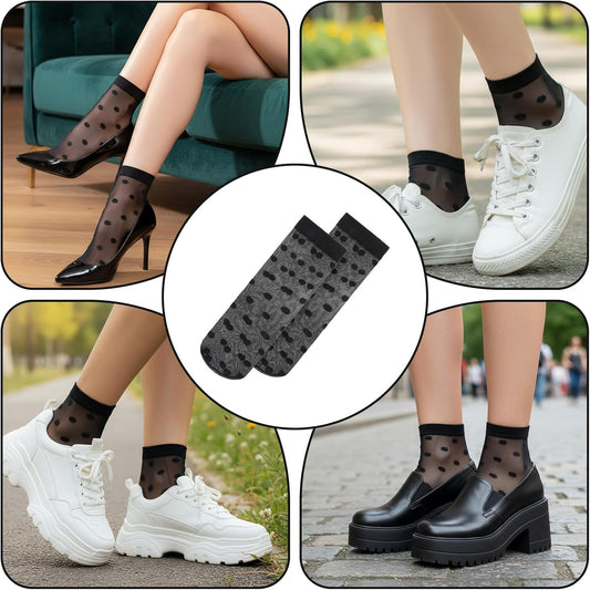 3 Pairs Women Sheer Ankle Socks, Sheer Polka Dot Ankle Dress Socks for Women, Stretchy Breathable Reinforced Toe Nylon Thin Fishnet Mesh Elegant Casual Lace Trouser Sockings (Black)