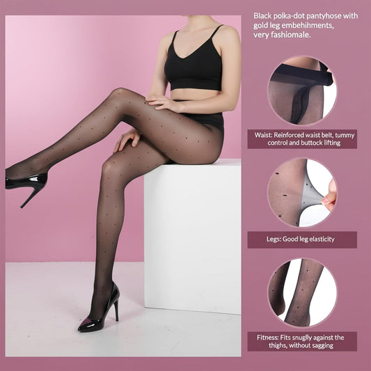 Women's Sheer Polka Dot Tights, 30D Shiny Thin Patterned Tights Pantyhose with Dot Design, Nylon Black High Waist Snag-Resistant Stockings for Dance, Cosplay, Halloween, Parties and Daily Wear