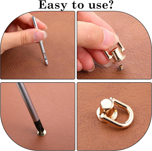 4 Pcs D Rings for Purse, Heavy Duty 360° Rotatable Metal Hardware, Stud Screw Ball Rivets with Punch Purse Making Supplies for Crossbody Conversion Kit DIY Handbag Leather Straps, Dog Collar (Gold)