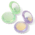 2 PCS Shell Folding Hair Brush with Mirror, Foldable Mini Hairbrush Retractable Purse Combs Cute Small Travel Brushes for Women, Portable Shell Pocket Comb for Purse (Purple, Green)