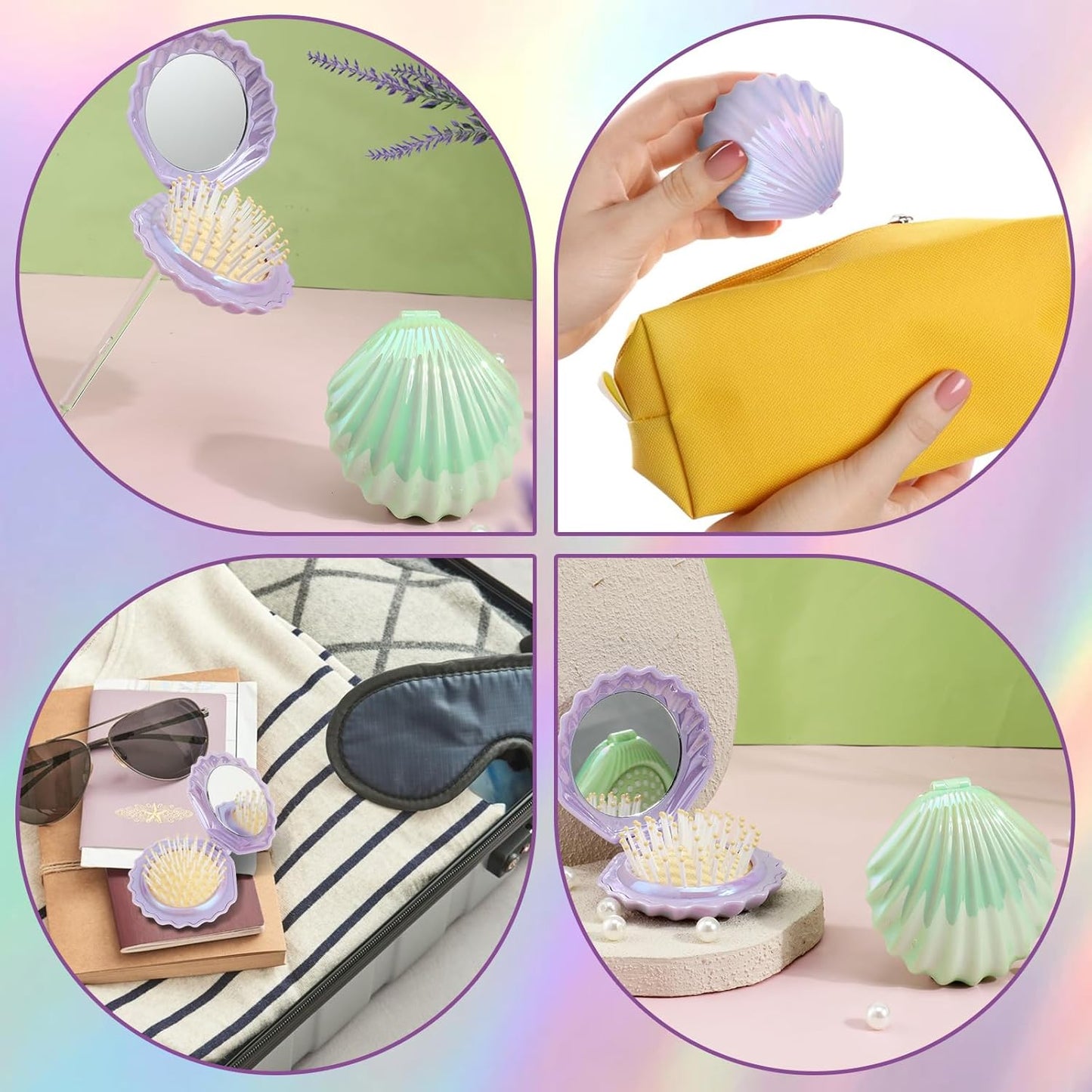 2 PCS Shell Folding Hair Brush with Mirror, Foldable Mini Hairbrush Retractable Purse Combs Cute Small Travel Brushes for Women, Portable Shell Pocket Comb for Purse (Purple, Green)