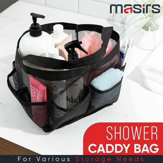 Shower Caddy Mesh - 9 Pocket Portable Bathroom Organizer Tote for Travel, Gym & Dorm - Collapsible Small Shower Caddy Bag to Hold Toiletries & Essentials (Black)