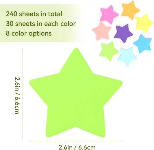 8 Color Star Shape Sticky Notes, 240 Sheets, Self-Sticky Note Pads for School Office Home