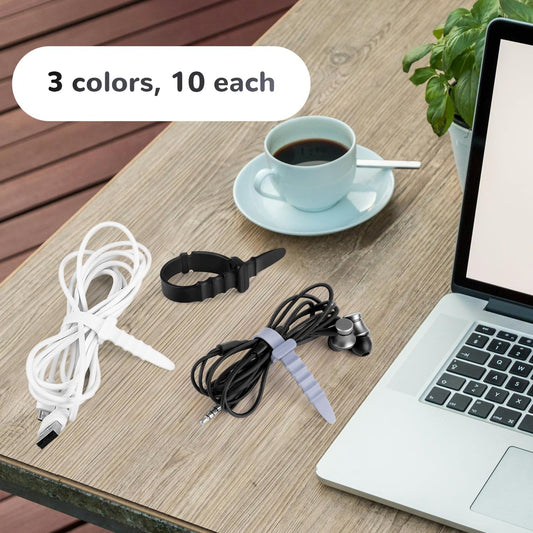 30Pcs Silicone Zip Ties Rubber Cable Ties 4.5 inch Reusable Zip Ties Elastic Cable Organizer for Wire Management (Grey, White, Black)