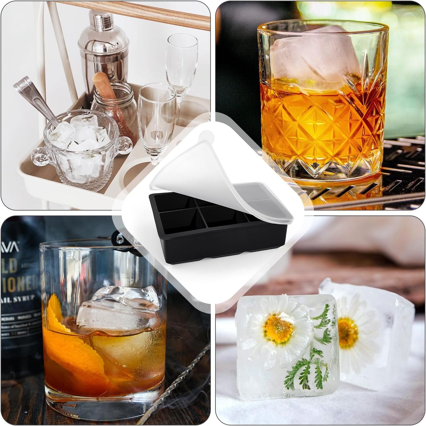 Large Ice Cube Tray with Lids, Big Square Silicone Freezer Mold, 2inch Huge Cubed Ice Maker for Whiskey, Cocktail, Freezing Broth, Rice, Leftovers and More (1-Pack 6 Cavities)