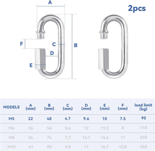 2 Pack M5 D-Shape Silver Steel Quick Link Carabiner, Chain Hooks for Outdoor Traveling Equipment, Connecting Hammock (M5-1.9 Inch / 4.8 cm)
