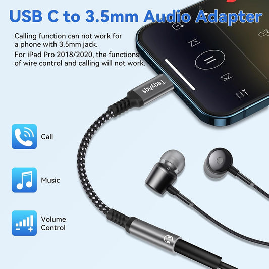 USB Type C to 3.5mm Female Headphone Jack Adapter, (2-Pack) USB C to Aux Audio Dongle Cable Cord Compatible with iPhone 17/16/15 Pro Max, iPad Pro, Samsung Galaxy S25/S24/S23/S22/S21 Ultra, MacBook 