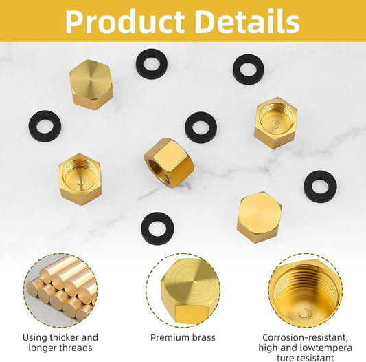6pcs Brass Pipe Cap, 1/4 Inch NPT Hex Head Pipe Fitting Caps with Rubber Gasket Faucet Valve Caps Brass Compression Cap for Closing off Pipes