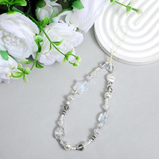 Beaded Camera Strap Wrist Cute Glass Beads Star Digital Phone Wrist Charms, Y2k Style Pearl Camera Charm Strap for Phone Case Bag Keychain Wallet(Silver-White)