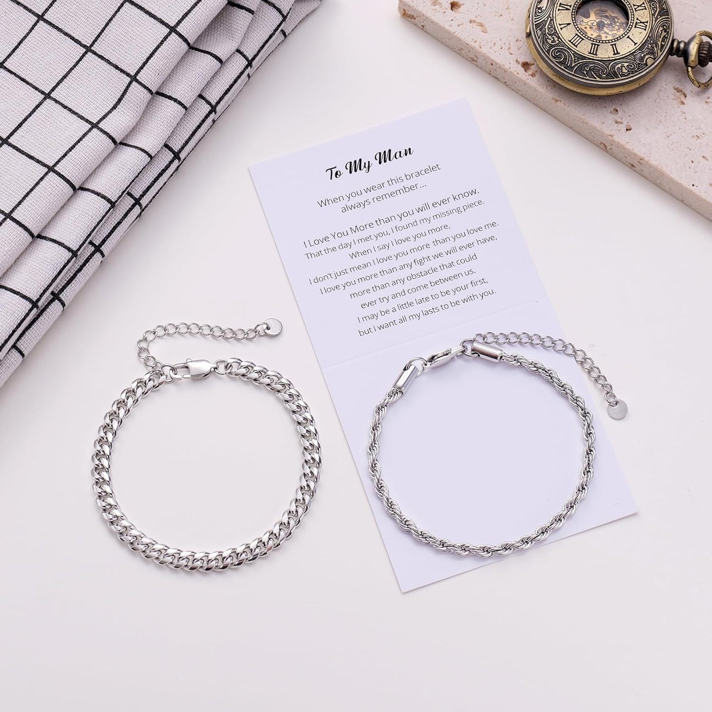 Kvekstio 2 Pieces Mens Sterling Silver Figaro Cuban Chain Bracelet Gift for Husband Boyfriend, Adjustable Cuban Link Bracelet