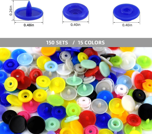 150 Sets Plastic Snaps Fasteners T5 Resin Snap Buttons Kit for Clothing Sewing Crafting No-Sew Round with Storage Organizer Crafts Cloth Diaper Bibs Bags (15 Colors)