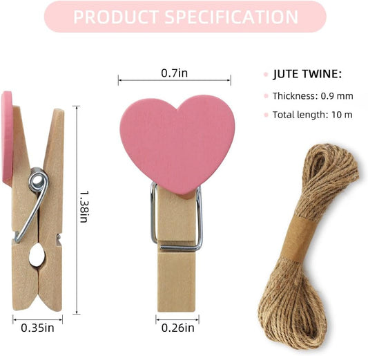 80 Pieces Wooden Heart Clothespins Mini Photo Clips Colorful Small Clothes Pins for Crafts Picture Paper Hanging Natural with Jute Twine Wedding Party Photos Display Color Type a