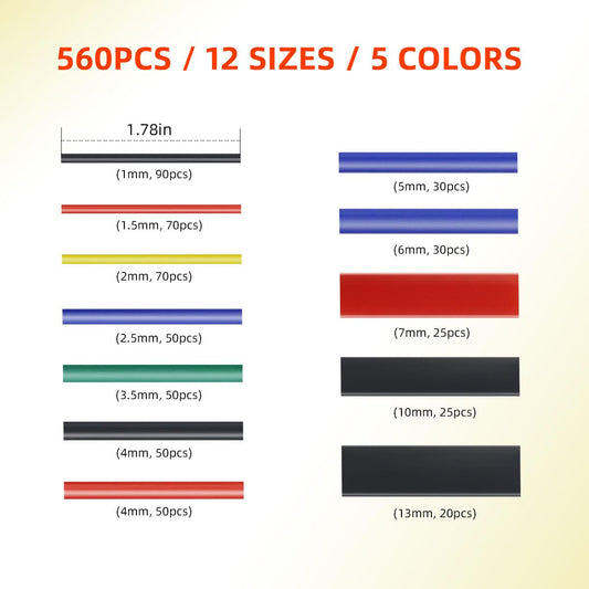 560 Pcs Heat Shrink Tubing Kit Marine Grade Wrap 2:1 Ratio Adhesive Lined Industrial Tube 12 Sizes Electrical Wire Cable for Insulation Protection (Assorted Colors)