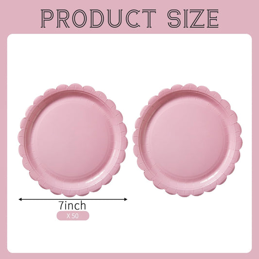 50PCS Scalloped Disposable Paper Plates Dessert Cake Party Plates for Baby Shower, Wedding,Bridal Shower Birthday Party Supplies (Pink, 7IN)