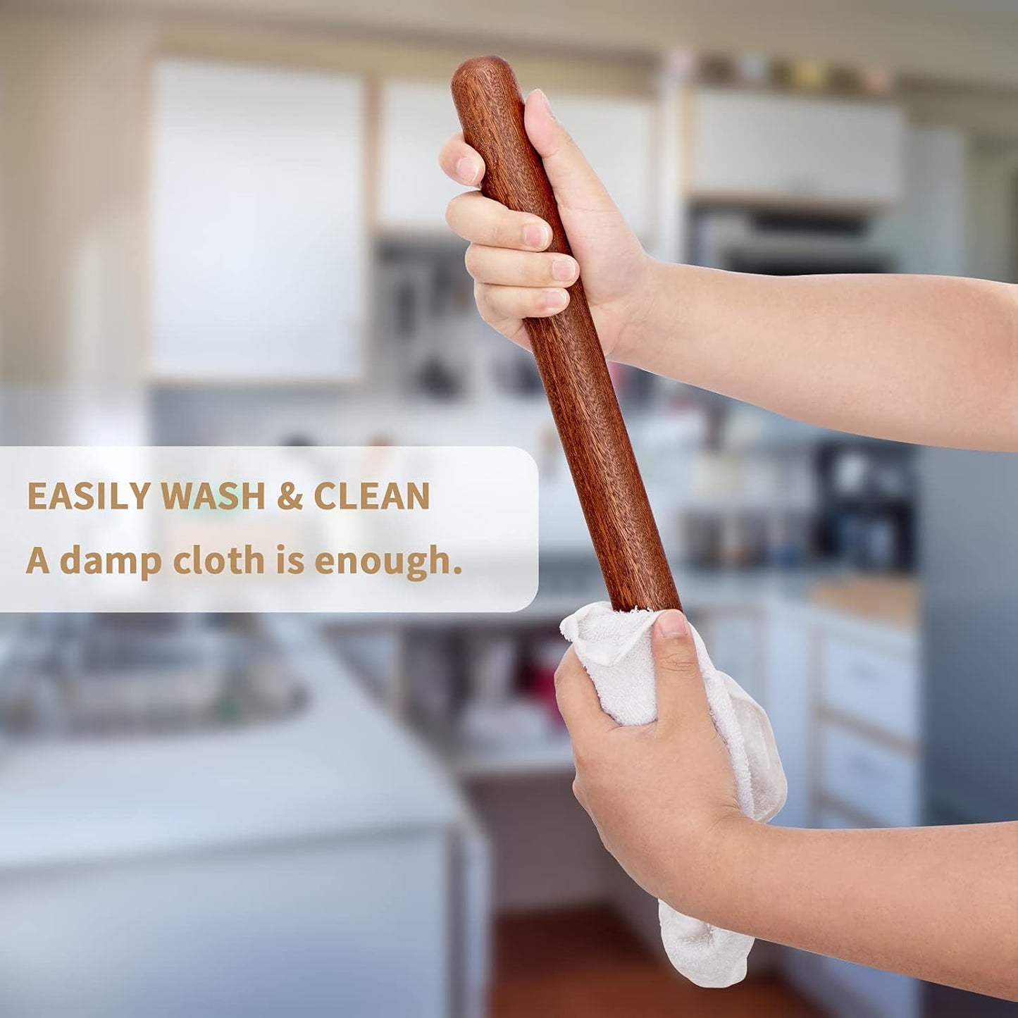 French Rolling Pin, 17.7 Inches Wood Rolling Pin for Baking Extra Lg Thickened, Classic Wooden Dough Roller for Fdant Pizza Pie Crust Cookie Pastry, Essential Kitchen Utensil, Brown