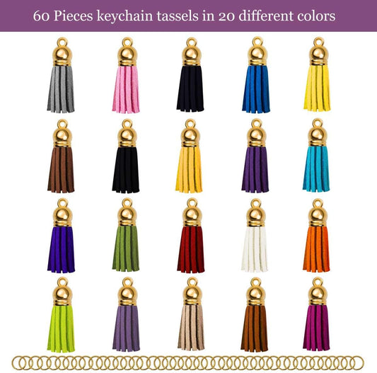 Tassels for Keychains Faux Suede Tassel DIY Jewelry Making 60 Pcs Leather Keychain Charms Bulk & Jump Rings Key Chain Cellphone Straps Pendants Crafts