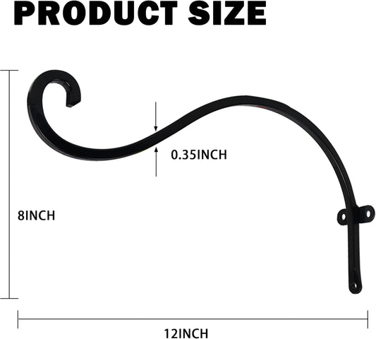 2 Pack Plant Hanger Outdoor, 12 Inch Heavy-Duty Hanging Plant Hook for Outside Basket, Black Metal Wall Mount Plant Bracket Hook for Flower Baskets Bird Feeder