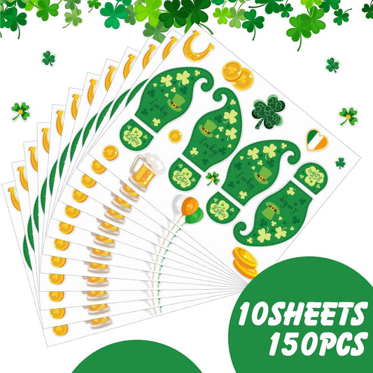 10 Sheets 150 Pcs Leprechaun Footprints Floor Decals Stickers St. Patrick's Day Decorations Shamrock Self Adhesive Shamrock Gold Coin Stickers for Office Home Window Party Supplies