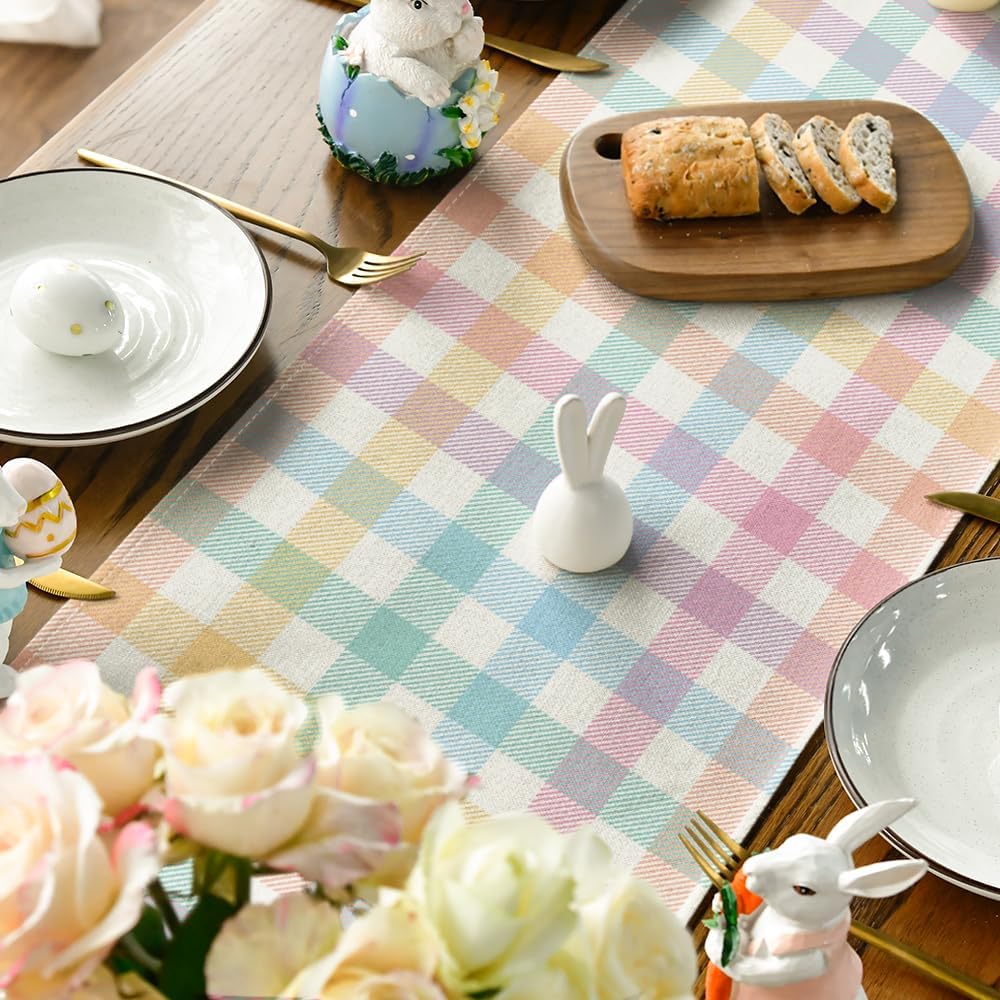 Blue Pink Yellow Buffalo Plaid Easter Table Runner, Daily Holiday Check Kitchen Dining Table Decoration for Home Party Outdoor 13x72 Inch
