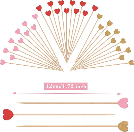 100 Pack Heart-Shaped Bamboo Cocktail Picks, 4.7" Heart Toothpicks for Appetizers, Natural Bamboo Food Picks for Valentines Wedding Birthday Party Decoration