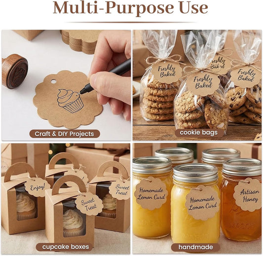 100PCS Kraft Paper Gift Tags with String, Round Circle & Cupcake Designs for Clothing & Gifts