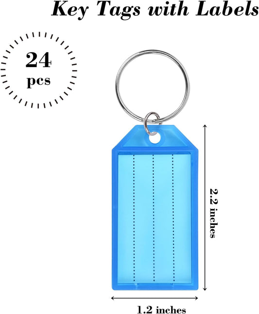 24 PCS Key Tags with Labels, Plastic Key Chain Tags with Transparent Covers and Split Rings for Luggage, Backpacks, Travel, Office, Item Identification, Personalization, 8 Colors