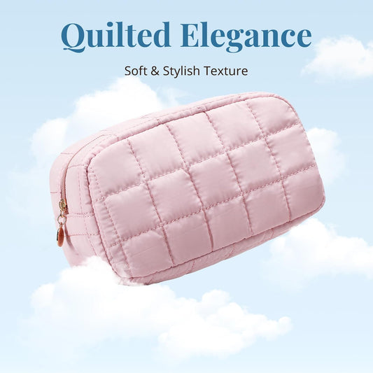 Makeup Bag, Quilted Puffy Travel Toiletry Bag with Compartments, Wide-Open Cosmetic Bag for Women, Pouch Purse Organizer, Pink