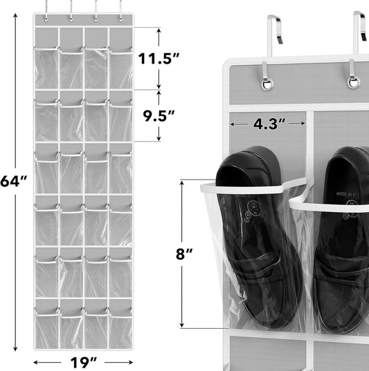 SimpleHouseware Crystal Clear Over The Door Hanging Shoe Organizer, 24 Pockets, Grey (162.6 cm H x 48.6 cm W)
