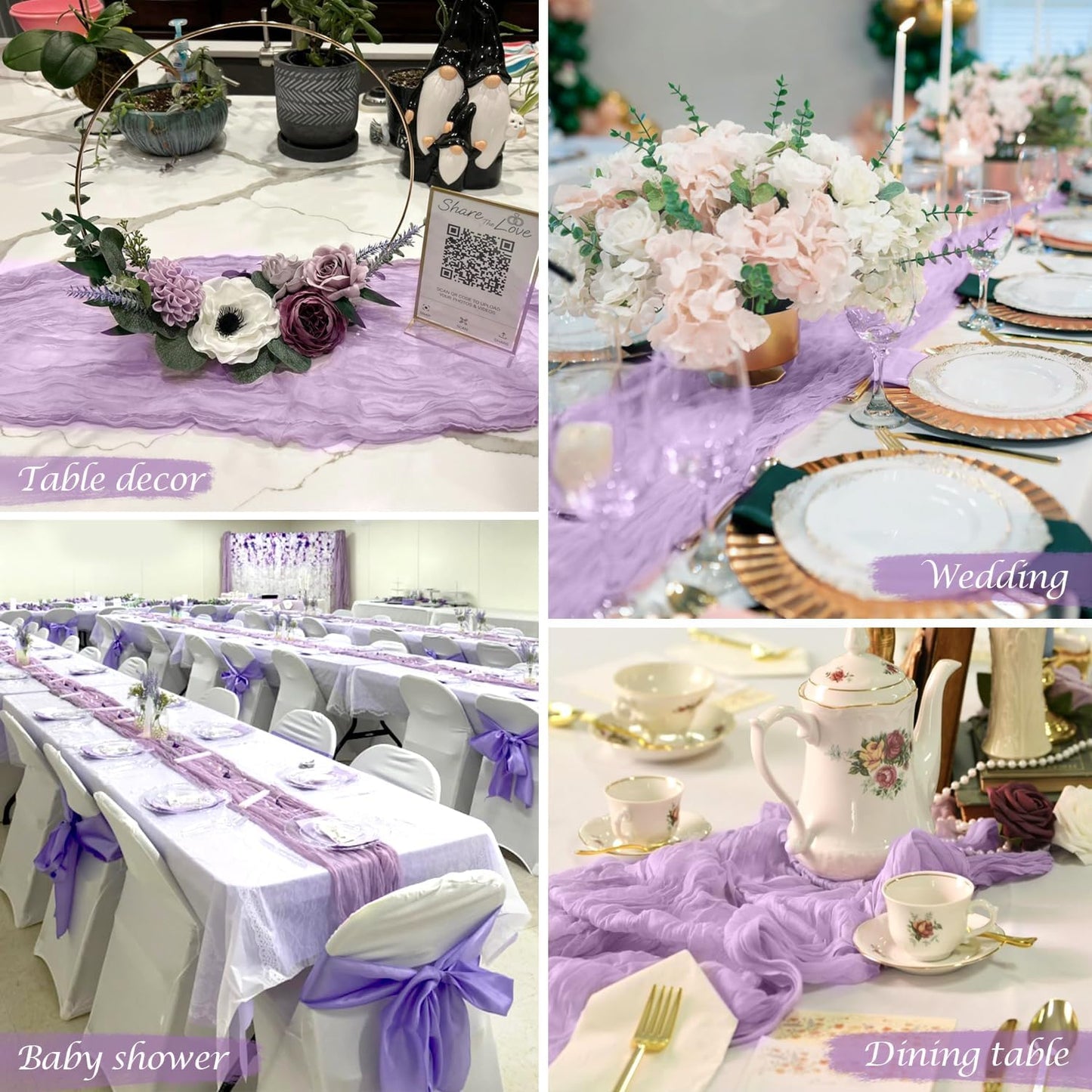 Lilac Purple Cheese Cloth Table Runner Easter Spring Boho Romantic 10ft Lavender Gauze Cheesecloth Table Runner for Baby Shower Decoration Wedding Bridal Shower Table Decor (35x120inch)